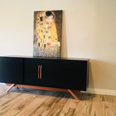 NEW Hand Built Mid Century Inspired Buffet / Credenza / TV Stand. Black with Mahogany Angled Leg Base & Handles! 