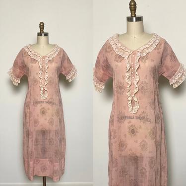 Vintage 1920s Cotton Dress Late 1930s Sheer Pink Day Dress 20s, 30s 