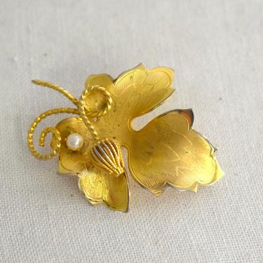 1960s Gold Leaf and Faux Pearl Brooch 