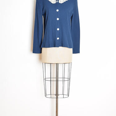 vintage 90s jacket top navy blue ribbed crochet collar cardigan shirt M L clothing 