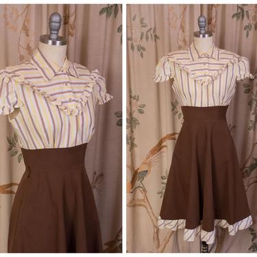 1930s Dress - Wonderful Late 30s/Early 40s Puffed Sleeve Cotton Day Dress with Striped Bodice and Solid Skirt 