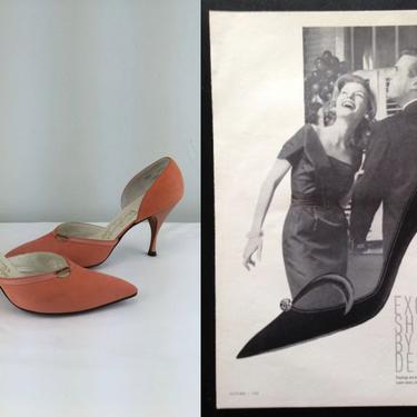 Peach Gin Fizz Please - Vintage 1950s 1960s Coral Orange Nubuck Leather D'orsay Stilettos Pumps Heels - 8 1/2N 