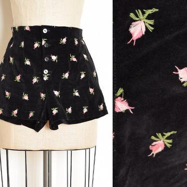 vintage 60s shorts black velvet pink embroidered rosettes hot pants floral S clothing 