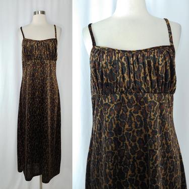 Vintage Y2K 2000 Velvet Leopard Print Spaghetti Strap Maxi Dress - XS Empire Waist Ruched Bust Dress 