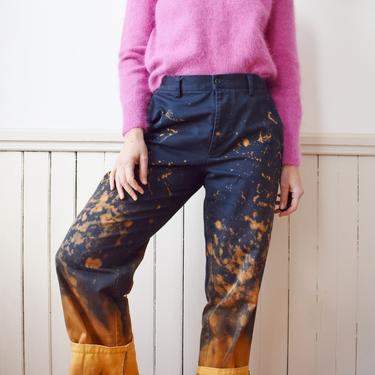 Vintage Bleach Dyed Work Pants | Gold | 33" W | Distress Cotton Pants with Hand Dyed Design | Paint Splatter 