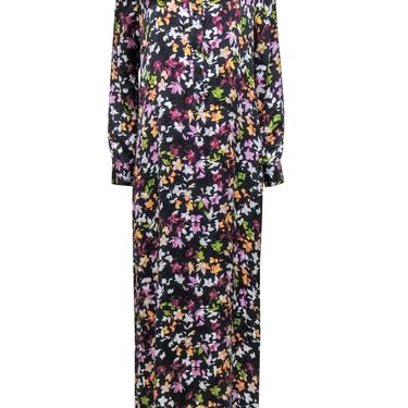 Equipment - Black & Multicolor Floral Print Long Sleeve Silk Maxi Dress Sz M