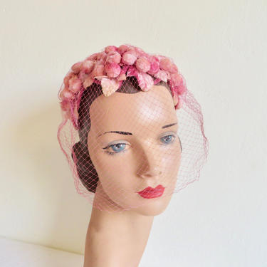 Vintage 50s Pink Velvet Fascinator Hat Veil Feather Cocktail Headpiece Pink Velvet 1950s Vintage Hats for Women for sale | eBay main image 2