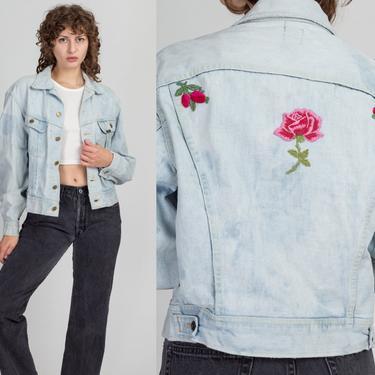 1960s Lee Riders Rose Embroidered Jean Jacket - Men's Medium, Women's Large | Vintage 60s Unisex Light Wash Denim Trucker Jacket 