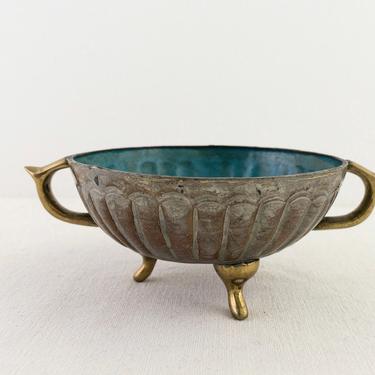 Enameled and Tin Washed Copper and Brass Repousse Bowl, Small Turquoise and Brass Footed and Handled Dish 