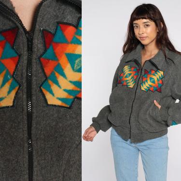 Southwestern Fleece Jacket 90s Grey Aztec Jacket Zip Up Bohemian 1990 Shop Exile Tucson AZ