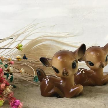 Miniature Plastic Deer, Set Of 2 Big Blue Eyed Fawns, Kitschy, Diorama Deer, Christmas Display, Made In Hong Kong 