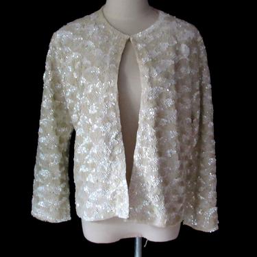 Vintage 50s Sequin Oyster White Sweater Large Pin Up Holiday Cocktail Sweater 