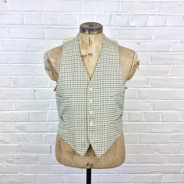 Size L Vintage 1950s Men’s Cream Blue Black Tattersall Checked Wool Vest 