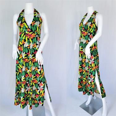 1970's Tropical Print Green Poly Cotton Hawaiian Halter Dress I Sz Med 