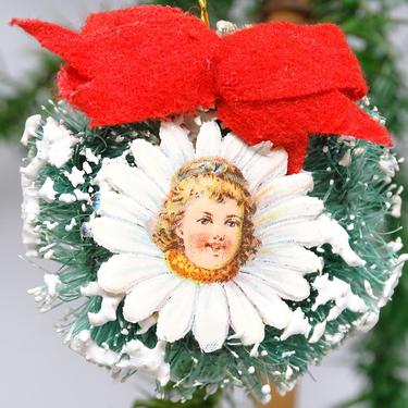 Vintage Sisal Bottle Brush Wreath Ornament with Flower Girl Scrap, Retro Christmas Decor 