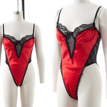 Vintage 1980s Bodysuit | 80s Red Satin Black Lace Underwire See Through Back High French Cut Bra Lingerie (x-small/small) 