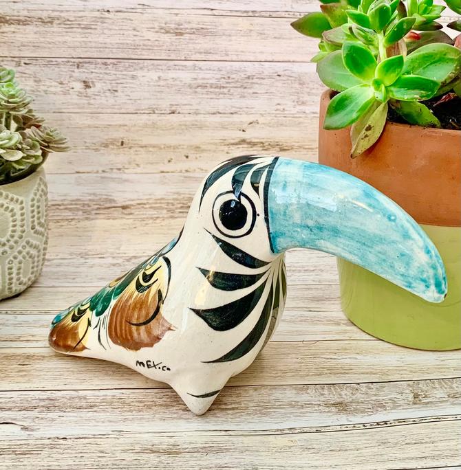 Vintage Tonala Ceramic Birds, Large Toucan and Small Dove, signed, Made factory in Mexico, 1970’s