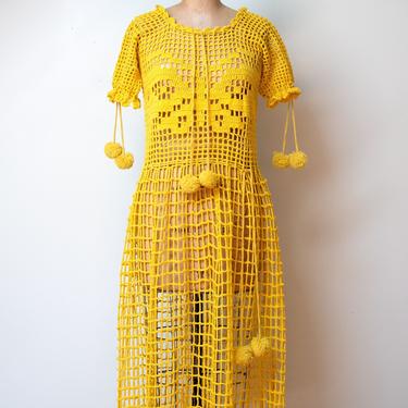 1920s Saffron Crochet Dress / 20s Net Dress 