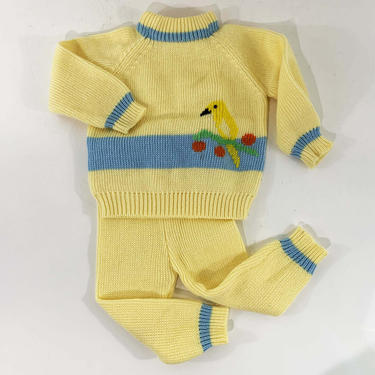 Vintage Bird Sweater Baby Outfit 12mo Kids Babies Toddler Childrens Knitted 2 Piece Jumper Pants Yellow Blue Fully Fashioned 