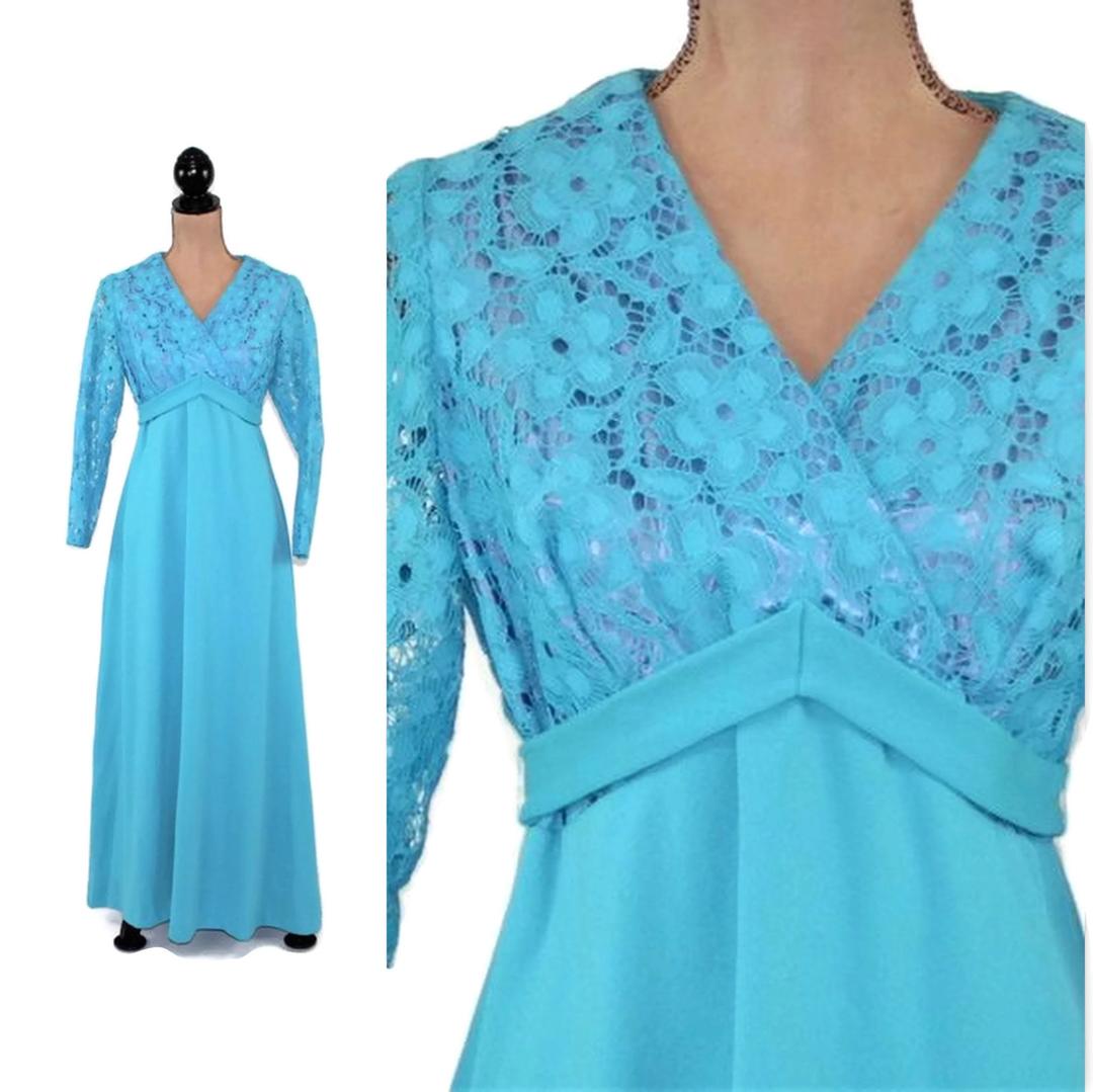 70s Turquoise Long Sleeve Maxi Dress Long Formal Hostess Gown Magpie
