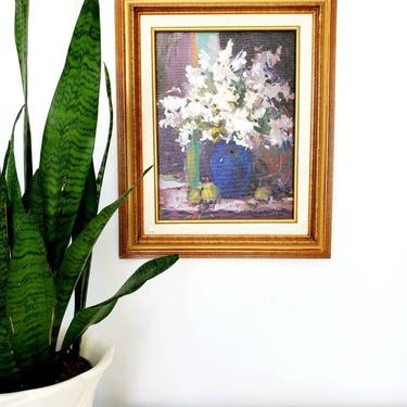 Stunning Vintage Original Oil Painting &amp;quot;White Lilacs&amp;quot; 