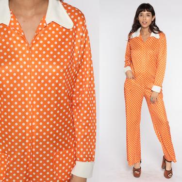 70s Jumpsuit Bell Bottom Jumpsuit Orange Polka Dot Boho Zip Up Jumpsuit Hippy 1970s Disco Hippie Vintage Bohemian Pants Medium Large 