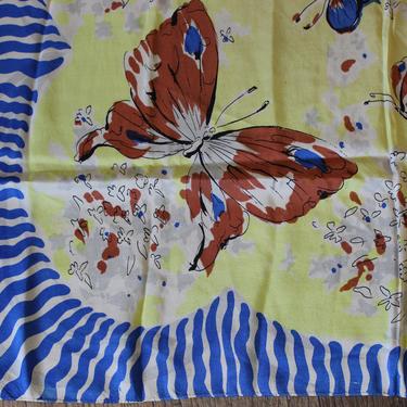Vintage 50s LARGE Silk Novelty Print Butterfly yellow cobalt blue black Scarf 34 x 34  hand screened hand rolled Neck Head Scarf 