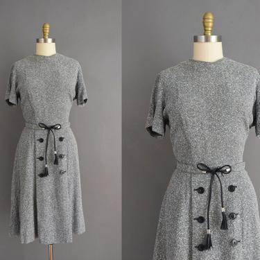 vintage 1950s dress | Nubby Charcoal Short Sleeve Holiday Cocktail Party Dress | Large | 50s vintage dress 