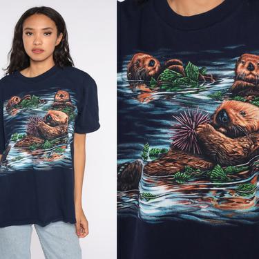 90s Sea Otter Shirt Habitat Animal Tshirt Animal Shirt Retro Tee Ocean Sea Life Vintage Graphic T Shirt Blue Large L 