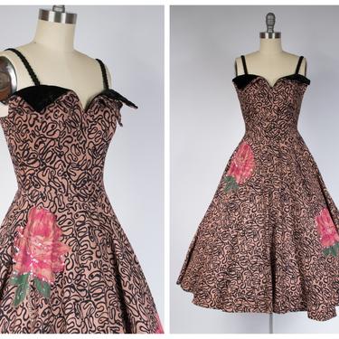 1950s Party Dress - Fantastic 50s CLAUDIA YOUNG Party Dress with Wired Petal Bust and Large Rose Appliques 