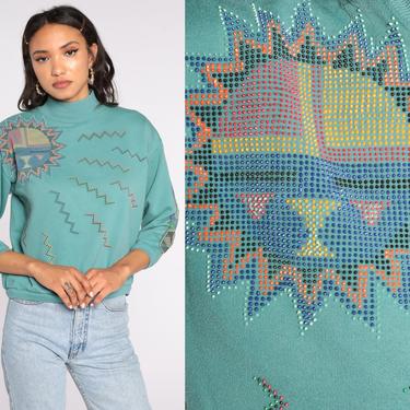 Native American Sweatshirt Sun Shirt Eagle Totem Spirit Animal 80s Graphic Jumper Slouchy Sweater Vintage Green Small 
