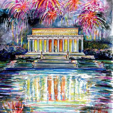 Fourth of July Original Mixed Media Art of Washington DC’s Lincoln Memorial by Cris Clapp Logan 