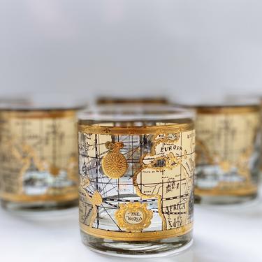 6 Vintage map whiskey glasses by Cera glassware World atlas scotch whiskey tumblers / rocks cocktail glasses Nautical Bar Decor 