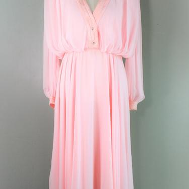 1980s,  Wayne Clark - Pink Chiffon - Circa 1980's  - Cocktail Party Dress  - Rhinestone Buttons - Marked size 6 
