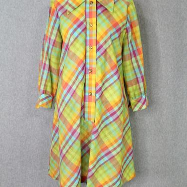 1960s Plaid Linen Shirtdress- Babydoll Dress- Spring Pastels- Easter Dress 
