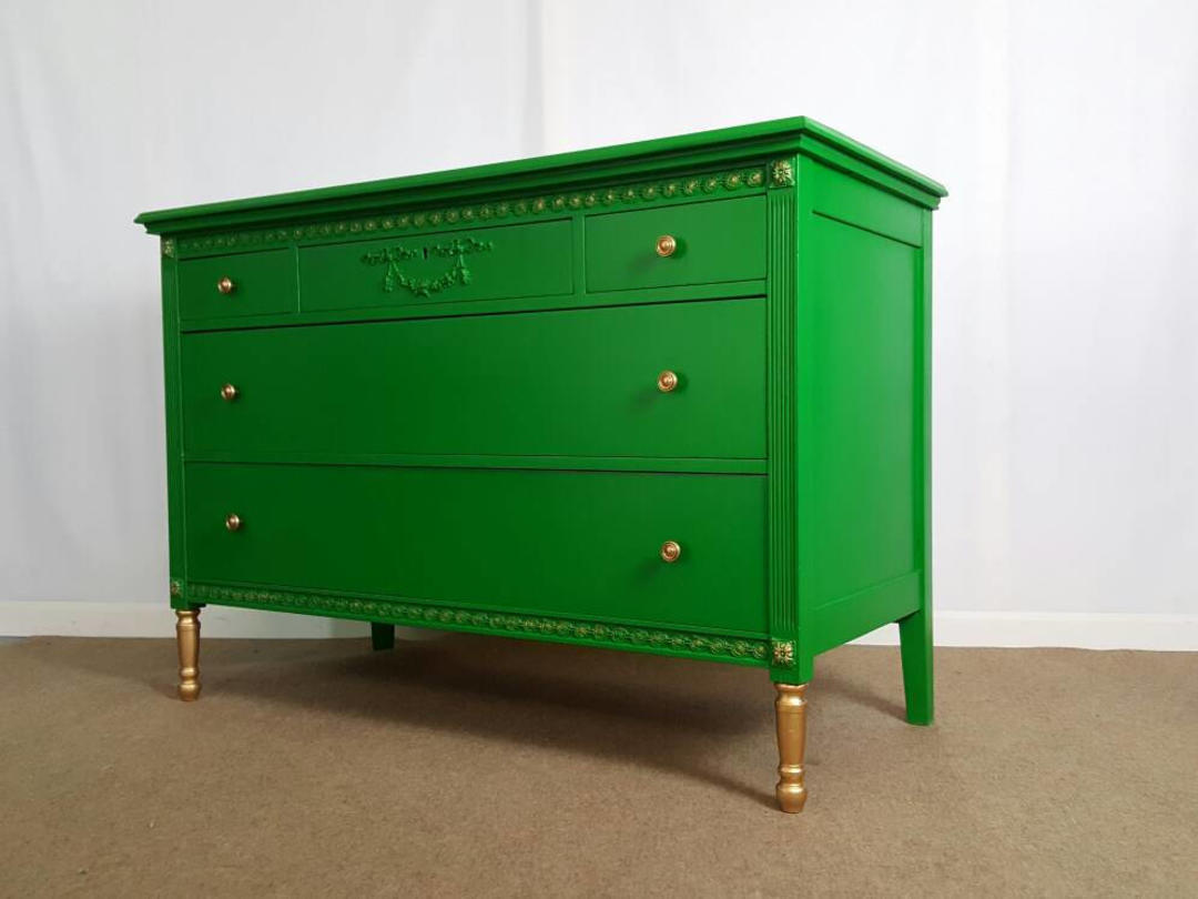 Vintage dresser / bureau / chest of drawers painted in Green an gold