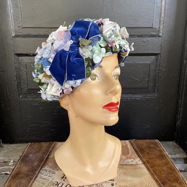 1960s Blue Floral Net Hat Velvet Bow