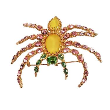 Spider Pin - Vintage Crystal Rhinestone Brooch Pink Emerald and Yellow - Couture Statement Pin 