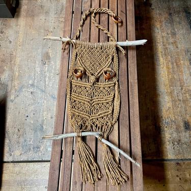 Vintage 1950s Macrame Owl on Driftwood Large Wall Hanging Artwork Craft Art Sclpture 