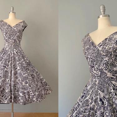 1950s Sequined Mexican Dress / 1950s Party Dress / VLV Dress / Screen Printed Patterned Cotton Dress / 50s Party Dress / Size Medium Large 