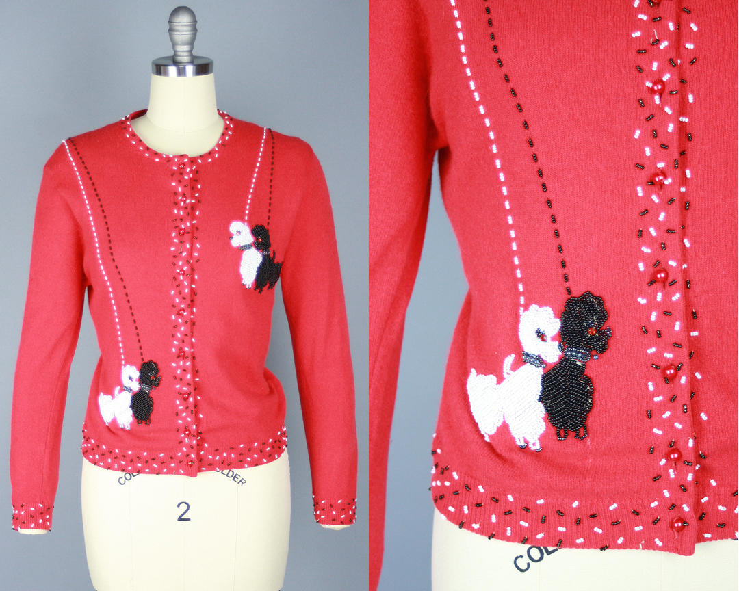 1950s POODLE Cardigan Vintage 50s 60s Red Sweater with Black