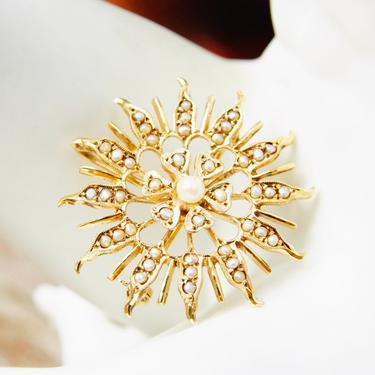 Vintage 14K Gold Seed Pearl Sunburst Pendant/Brooch, Beautiful Yellow Gold Starburst Pendant, Intricate Pearl Encrusted Pin, 1 1/2&quot; 