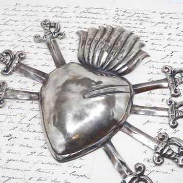 Antique Silvered Saint Mary of Sorrows Heart of the Seven Swords Ex Voto, Vintage Religious Icon with 7 Daggers 