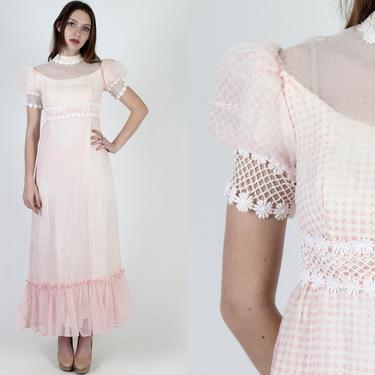 Vintage Pink Chiffon Maxi Dress / Long Sheer Puff Sleeve Dress / 70s Checkered Crochet Lace / Womens Garden Bridesmaids Maxi Dress 