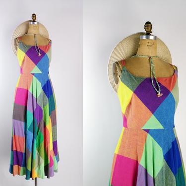 80s Liz Claiborne Rainbow Maxi Dress / Plaid Maxi / Pride Dress / 70s Dress / Boho / Picnic Dress / Size M/L 