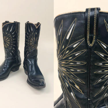 Vintage 1960s Black &amp; Gold Acme Starburst Inlay Boots, Vintage 50s Boots, Star Burst Inlay, Acme Western Boots, Southwestern, Size 7.5/8 by Mo