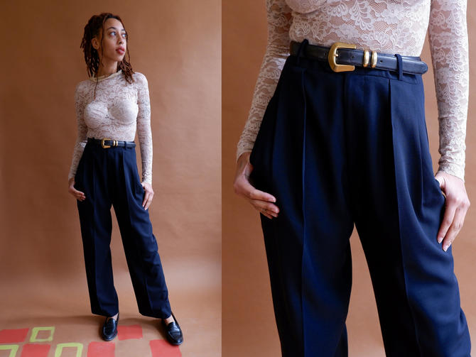 Vintage 80s Navy Blue Trousers 1990s High Waisted Pleated Dress Bottle of Bread Baltimore MD