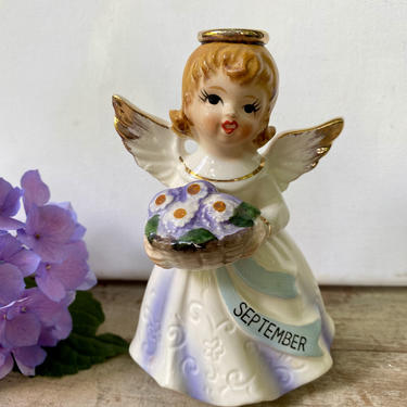 Vintage Nippon September Birthday Angel, Holding Bouquet Of Flowers, Daisies, September Birthday Gift, Angel Figurine 