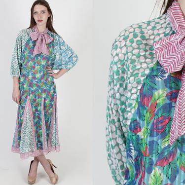 Vintage 80s Diane Freis Fres Dress Teal Tropical Floral Bow Tie Mermaid Skirt Maxi Dress 
