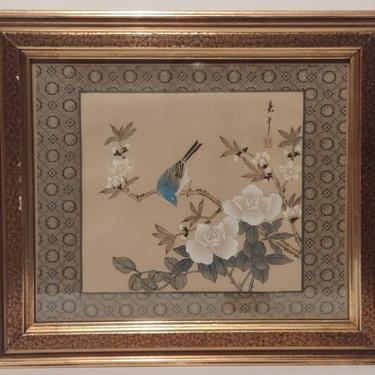 Vintage Traditional Asian Signed Gouache Painting Perched Bird Floral 15x13 